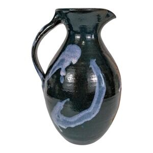 Handmade Studio Art Pottery Pitcher Teal Purple Drip Glaze Ceramic Jug Signed